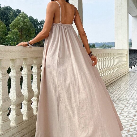 Apricot Boho Womens Linen-like Sleeveless Spaghetti Straps Loose Fit Beach Dress - Picture 2 of 8